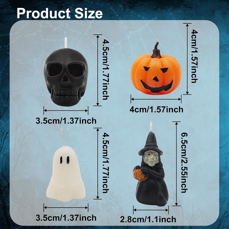 itechpanda 4 PCS Halloween Ghost Candles, Novelty Votive Cute Votive for Fall Decor Thanksgiving, Smokeless Unscented Tealight, Halloween Party, Ghost, Witch, Skull, Pumpkin Candles - Image 2